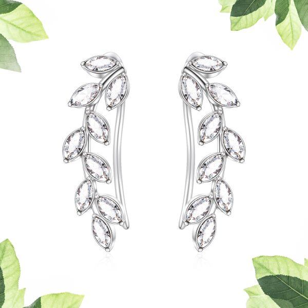 Sterling Silver April Birthstone Crystal Leaf Ear Climbers-2