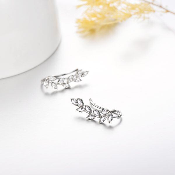 Sterling Silver April Birthstone Crystal Leaf Ear Climbers-4