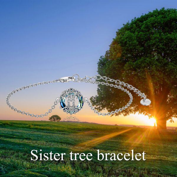 Sterling Silver Tree of Life Sister Chain Bracelets With Blue Crystal Circle-2