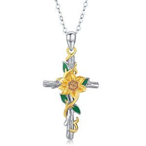 Sterling Silver Sunflower Cross Pendant Necklace-0