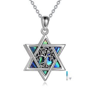 Sterling Silver Oxidized Tree of Life & Abalone Shell Six-pointed Star Urn Necklace-0