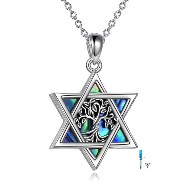 Sterling Silver Oxidized Tree of Life & Abalone Shell Six-pointed Star Urn Necklace-0