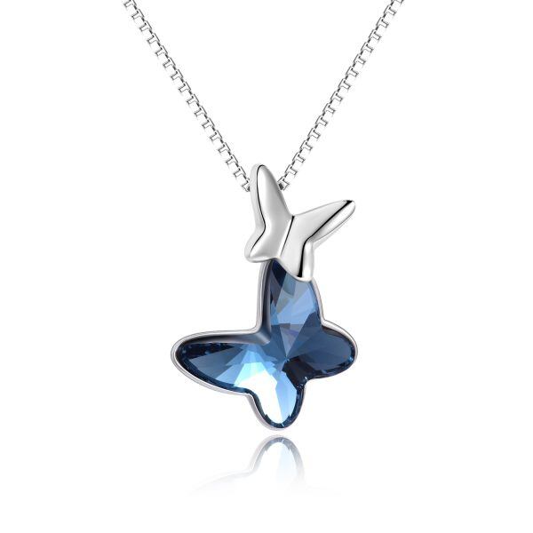 Sterling Silver Blue Crystal Butterfly Pendant Necklace-0