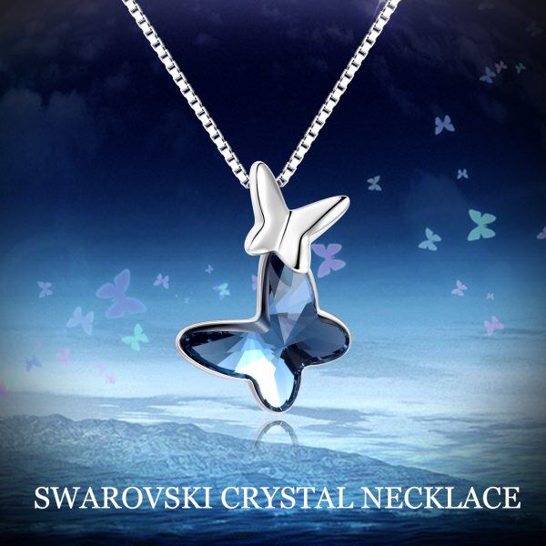 Sterling Silver Blue Crystal Butterfly Pendant Necklace-2