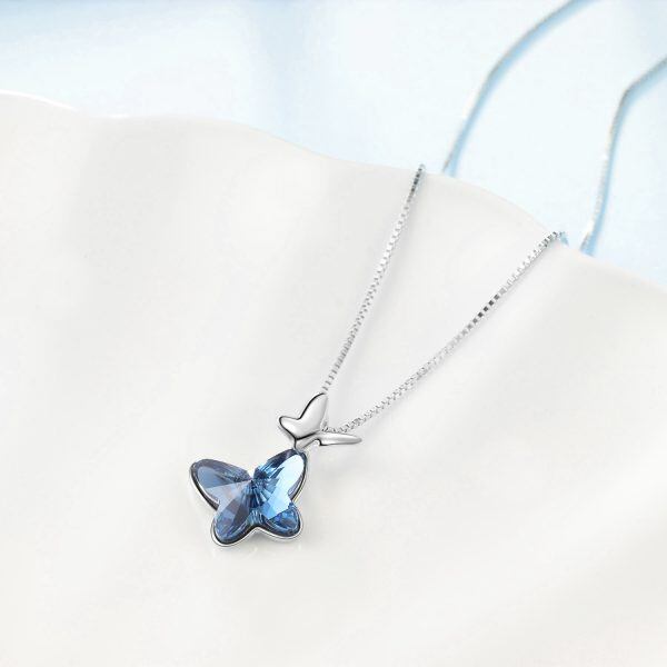 Sterling Silver Blue Crystal Butterfly Pendant Necklace-4