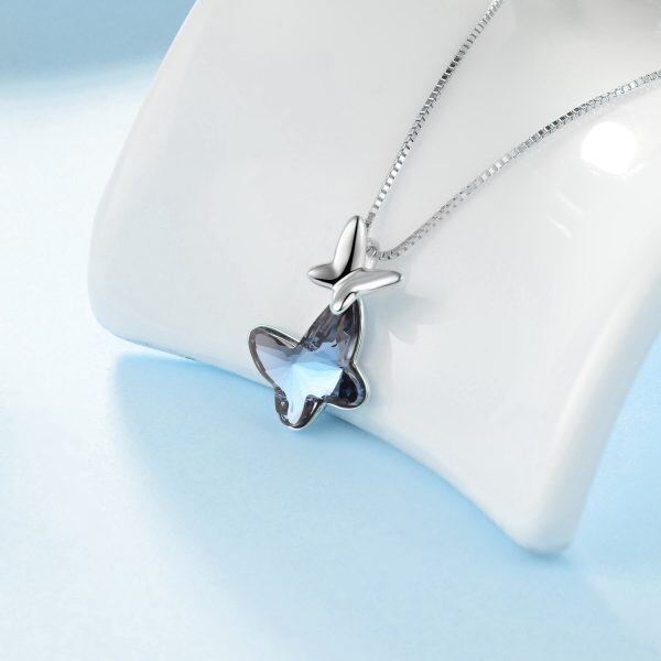 Sterling Silver Blue Crystal Butterfly Pendant Necklace-5