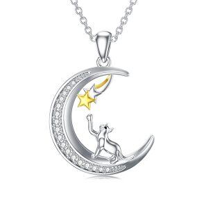 Sterling Silver Cat Moon Pendant Necklace-0