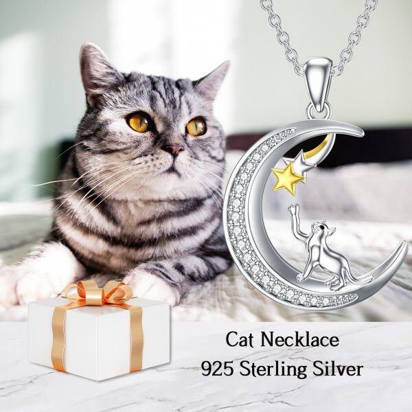 Sterling Silver Cat Moon Pendant Necklace-1