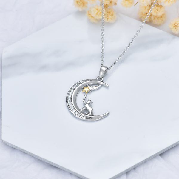 Sterling Silver Cat Moon Pendant Necklace-4