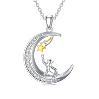 wholesale 925 Sterling Silver Crescent Moon & Star Cat Necklace for Cats and Rabbits Gifts for Women Teenage Girls- Two Tone