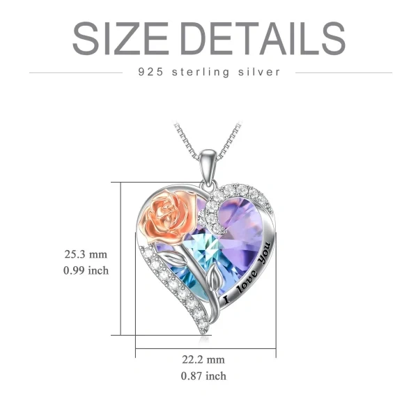 Sterling Silver Rose Flower Heart Crystal Pendant Necklace-1