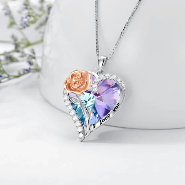 Sterling Silver Rose Flower Heart Crystal Pendant Necklace-2