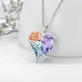 wholesale Sterling Silver Crystal Rose Flower Birthstone Necklace I Love You Pendant Gift for Her - Two Tone-0-14