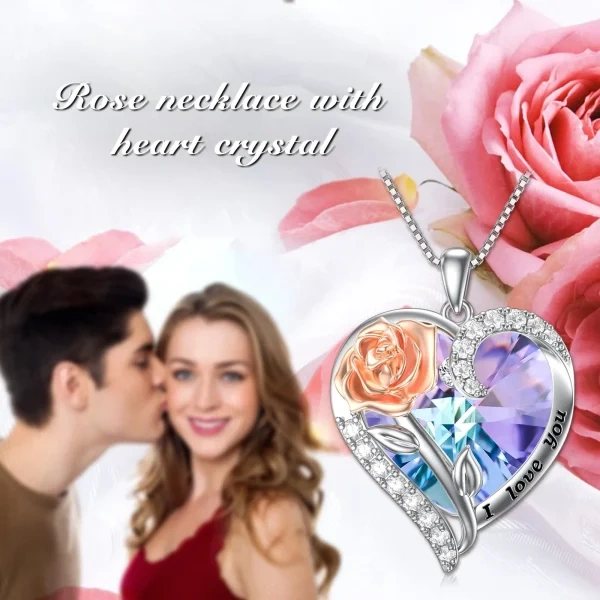 Sterling Silver Rose Flower Heart Crystal Pendant Necklace-3