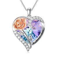 wholesale Sterling Silver Crystal Rose Flower Birthstone Necklace I Love You Pendant Gift for Her - Two Tone- Two Tone