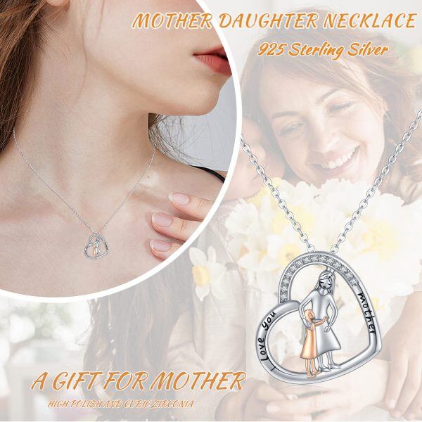 Sterling Silver Mother and Daughter Heart Pendant Necklace-2