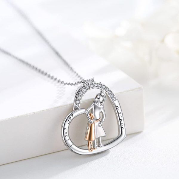 Sterling Silver Mother and Daughter Heart Pendant Necklace-3