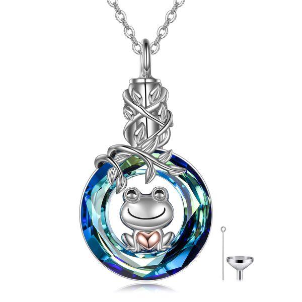 Sterling Silver Frog Urn Necklace With Blue Crystal-0