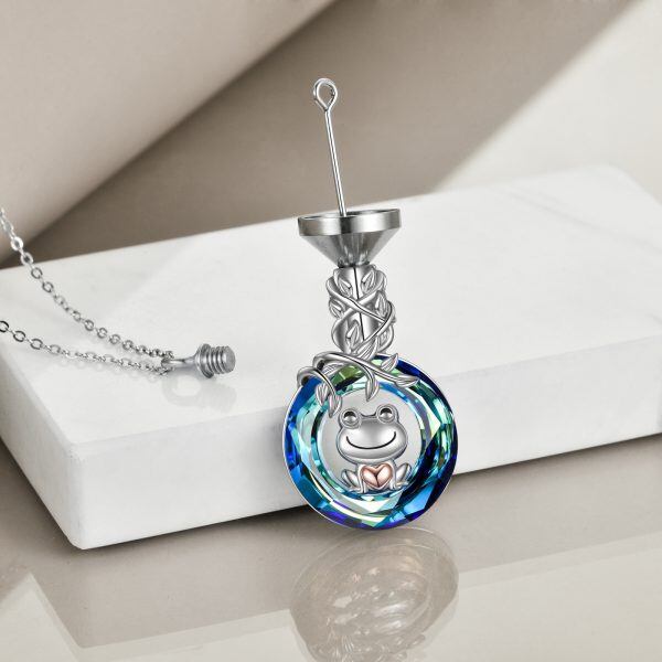 Sterling Silver Frog Urn Necklace With Blue Crystal-4