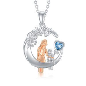 Sterling Silver Moon Love Crystal Mother Daughter Pendant Necklace-0