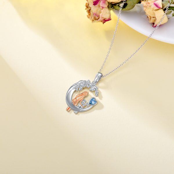 Sterling Silver Moon Love Crystal Mother Daughter Pendant Necklace-4