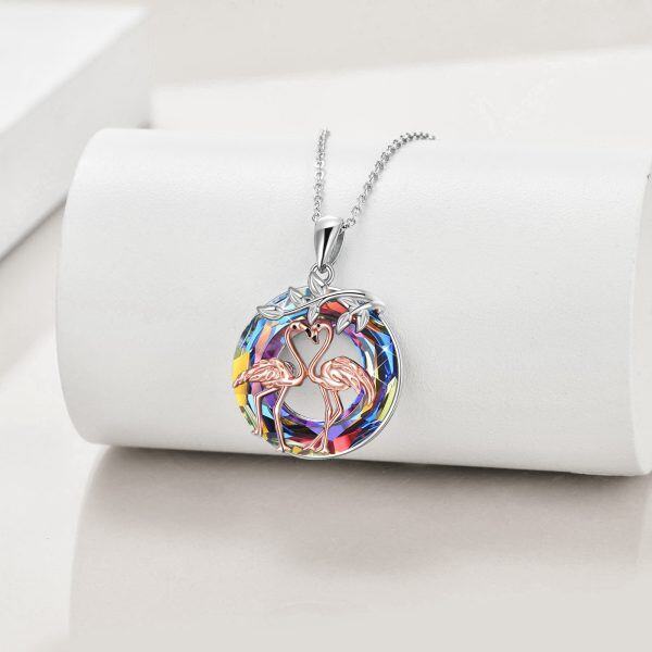 Sterling Silver Flamingo Pendant Necklace With Purple Crystal Circle-5