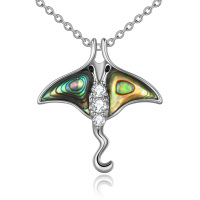 wholesale 925 Sterling Silver Abalone Shell Stingray Pendant Necklace with Cubic Zirconia Accents- Rhodium Plated