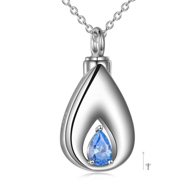 Sterling Silver Teardrop Urn Necklace With Blue CZ-0