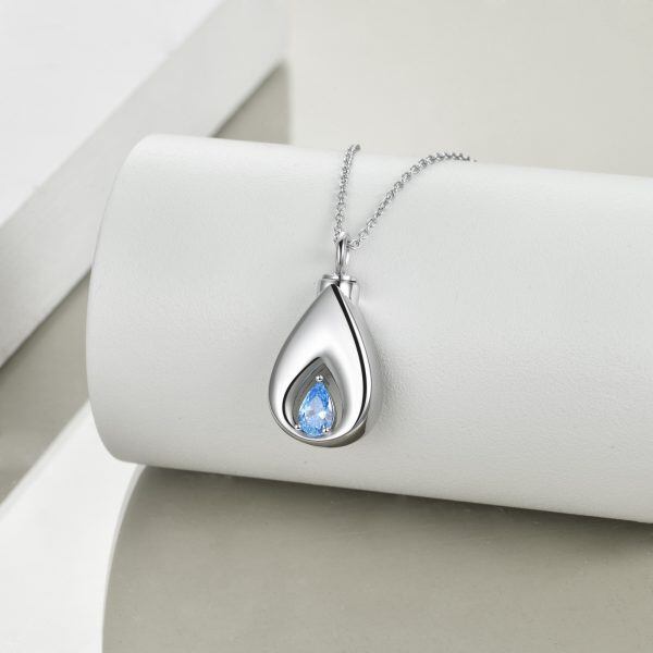 Sterling Silver Teardrop Urn Necklace With Blue CZ-2