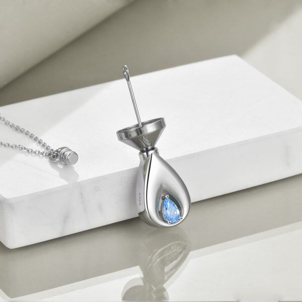 Sterling Silver Teardrop Urn Necklace With Blue CZ-3