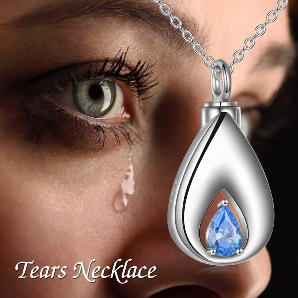 Sterling Silver Teardrop Urn Necklace With Blue CZ-4