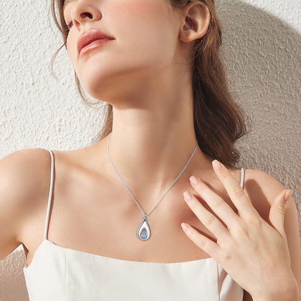 Sterling Silver Teardrop Urn Necklace With Blue CZ-5