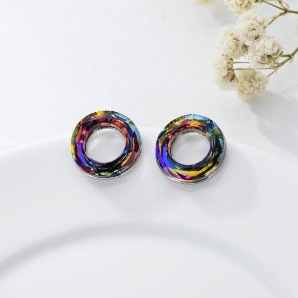 Sterling Silver Purple Crystal Circle Stud Earrings-3