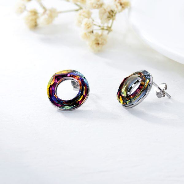 Sterling Silver Purple Crystal Circle Stud Earrings-4