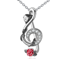 wholesale 925 Sterling Silver Musical Note with Red Rose Pendant Necklace for Women- Rhodium Plated
