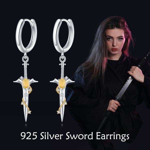 Sterling Silver Sword Amber Hoop Earrings-3