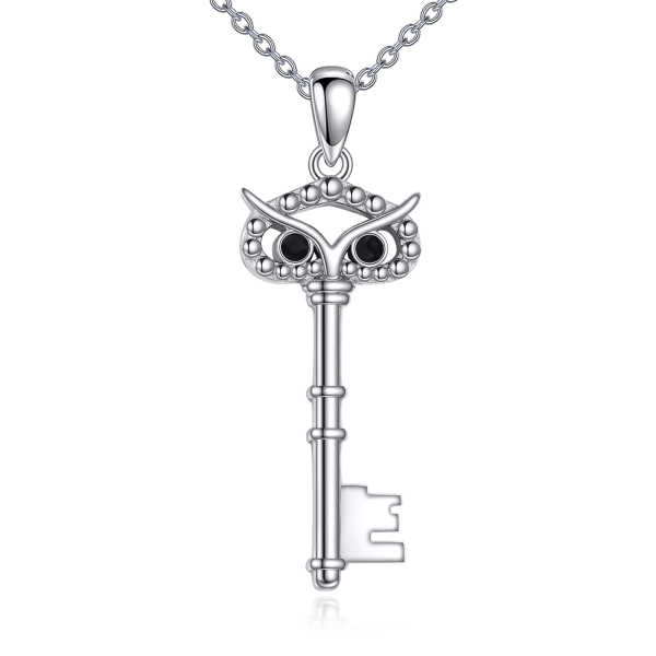 Sterling Silver Owl Key Vintage Bird Pendant Necklace-0