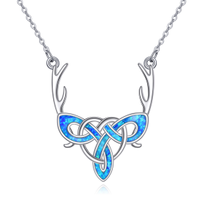 Sterling Silver Opal Antler Celtic Knot Deer Pendant Necklace-0