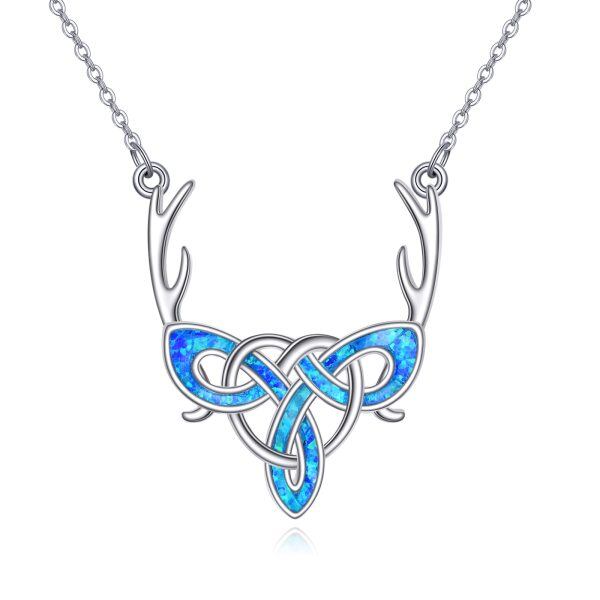 Sterling Silver Opal Antler Celtic Knot Deer Pendant Necklace-1