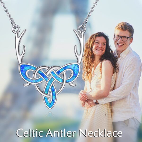 Sterling Silver Opal Antler Celtic Knot Deer Pendant Necklace-3