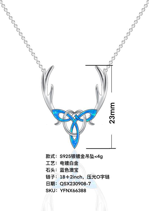 Sterling Silver Opal Antler Celtic Knot Deer Pendant Necklace-7