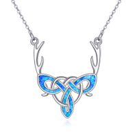 wholesale 925 Sterling Silver Blue Opal Antler Necklace with Celtic Knot Design for Women's Gifts- Rhodium Plated