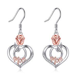 Sterling Silver Two-tone Rose Mom Dangle and Drop Earrings-0