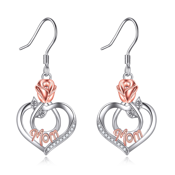 Sterling Silver Two-tone Rose Mom Dangle and Drop Earrings-1