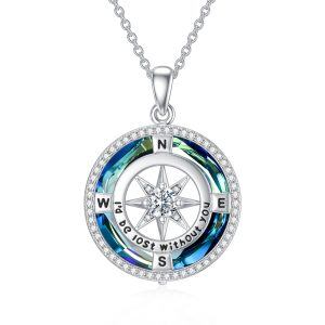 Sterling Silver Compass Crystal Pendant Necklace-0