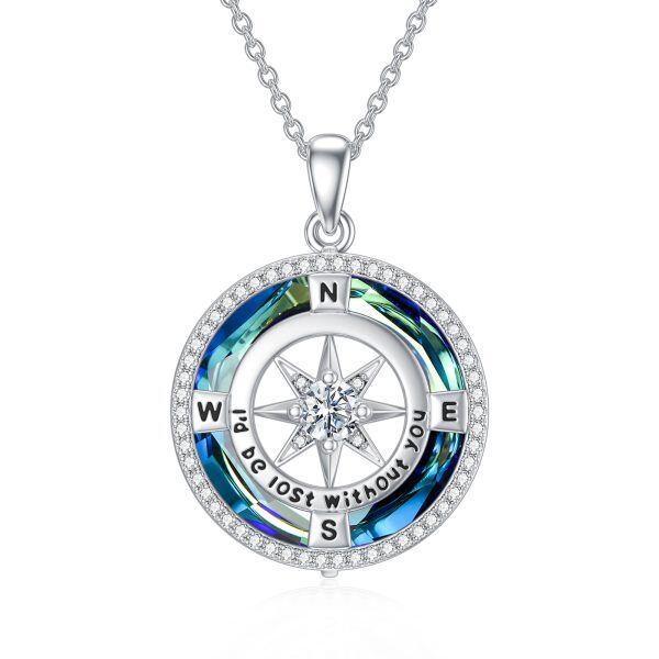 Sterling Silver Compass Crystal Pendant Necklace-0