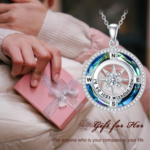 Sterling Silver Compass Crystal Pendant Necklace-15