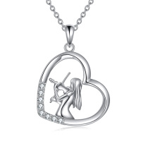 wholesale 925 Sterling Silver Heart-Shaped Dancing Girl with Flute Pendant Necklace Graduation Gift for Girls and Women- Rhodium Plated