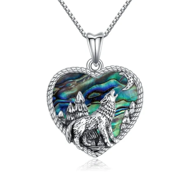 Sterling Silver Abalone Shell Oxidized Wolf Pendant Necklace-0