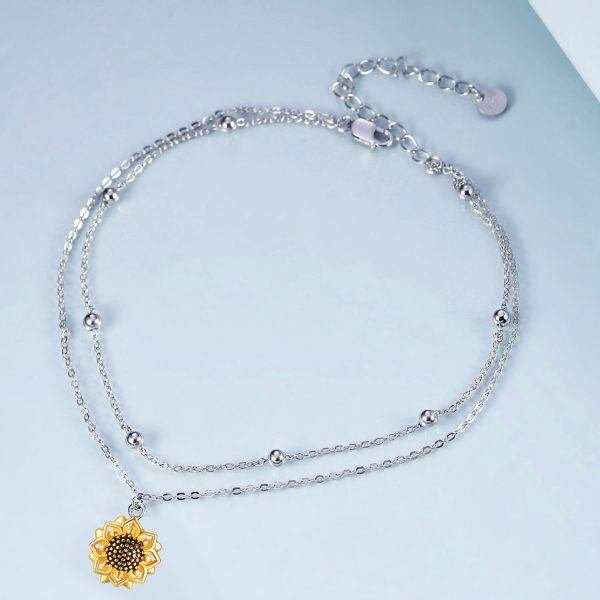 Sterling Silver Sunflower Layered Anklets Bracelet-4